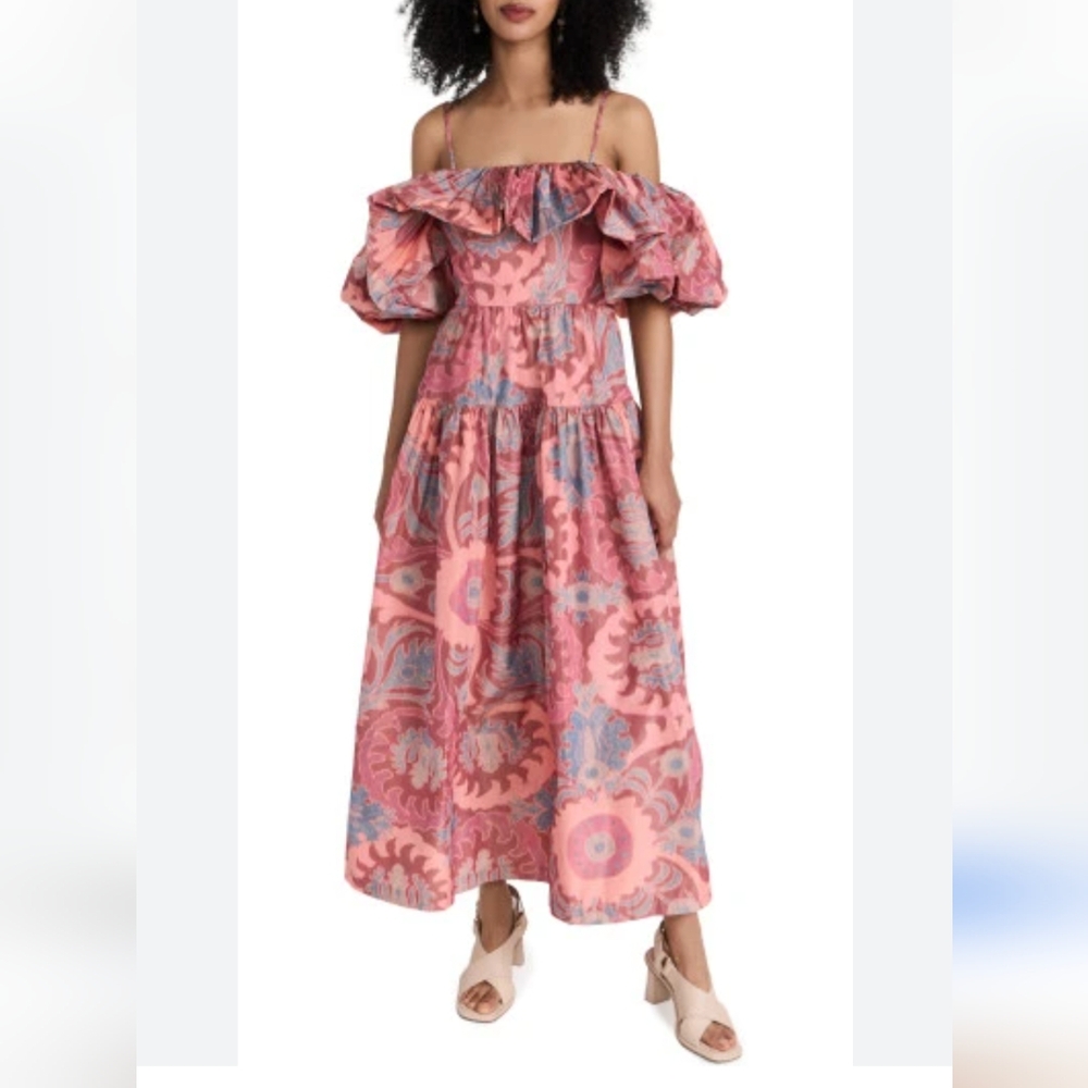 Ulla Johnson Pink and Blue Off-Shoulder Tiered Midi Dress